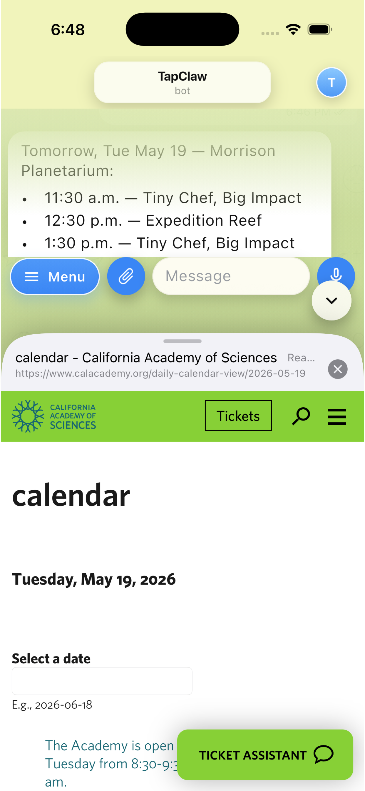 TapClaw using an in-app browser while answering a calendar question.