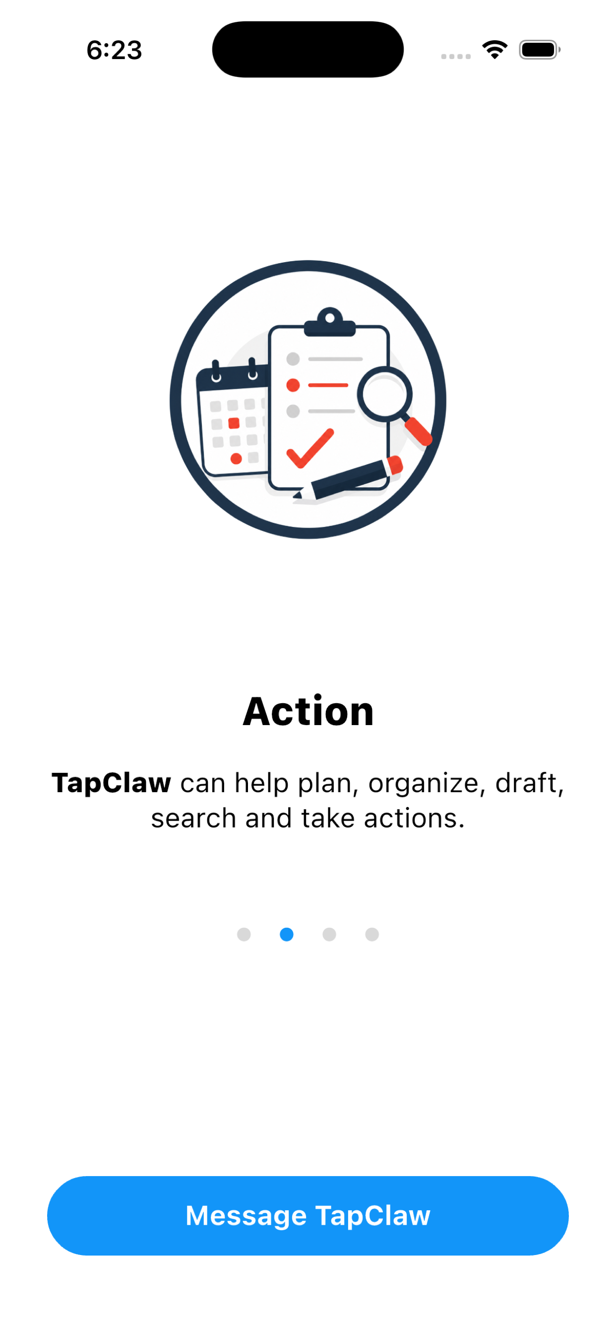 TapClaw onboarding screen explaining that it can plan, organize, draft, search, and take actions.