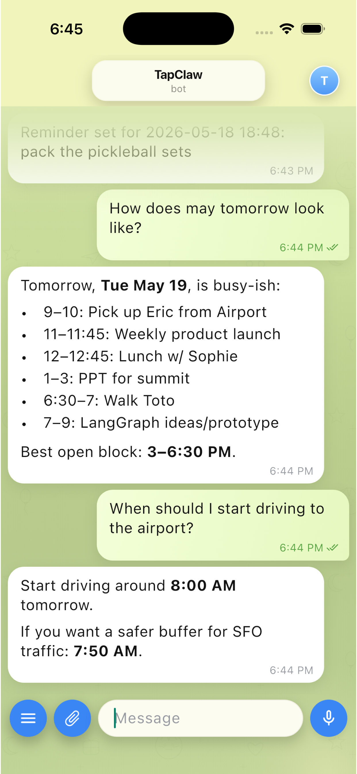 TapClaw summarizing a busy day and recommending when to leave for the airport.