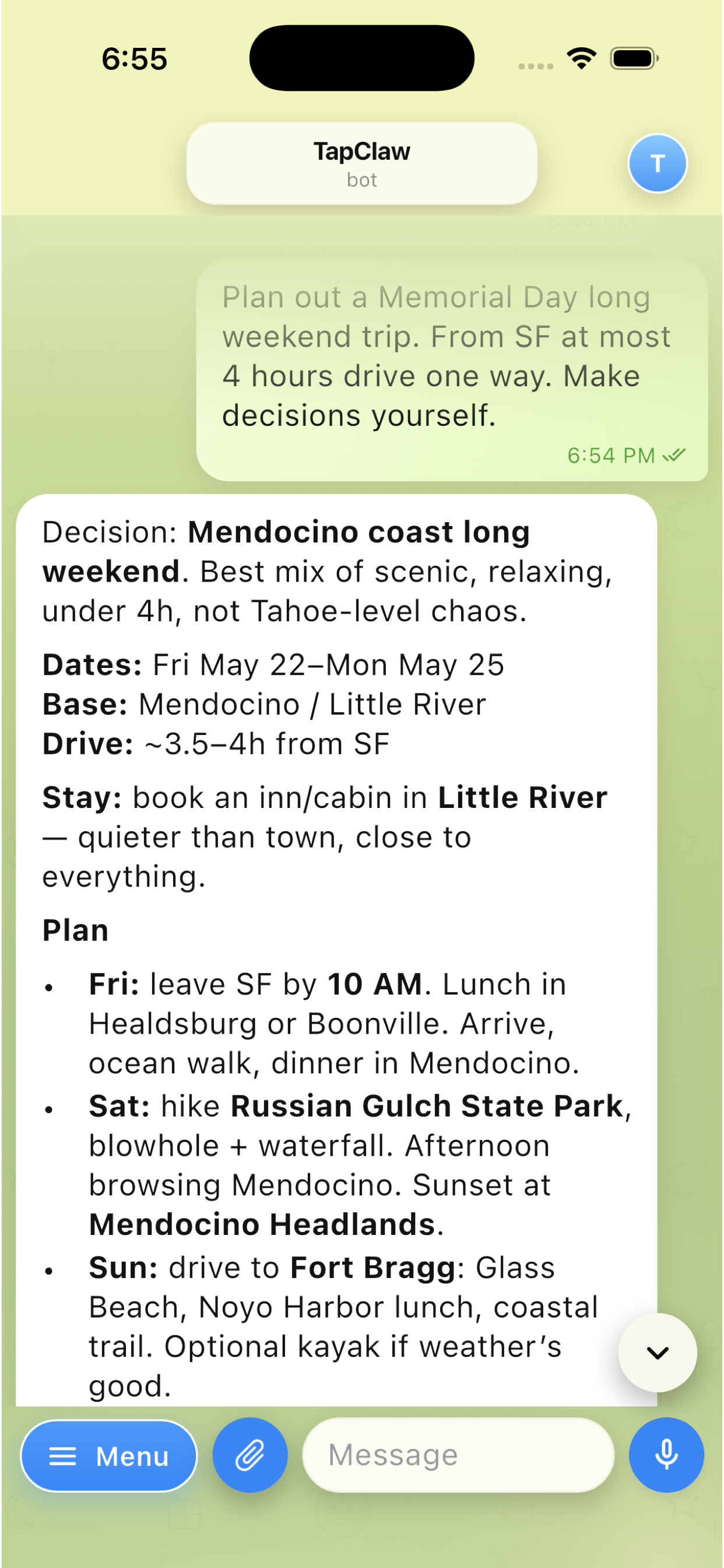 TapClaw planning a Memorial Day long weekend trip and choosing Mendocino.